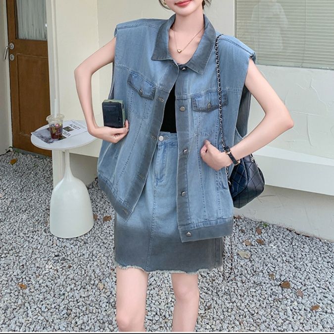 デニムセットアップ オーバーサイズデニムベストスカートセット