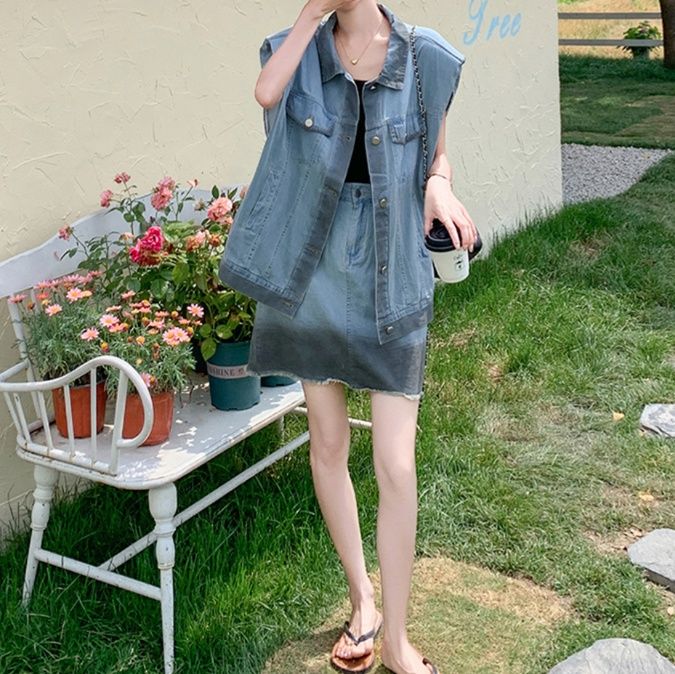デニムセットアップ オーバーサイズデニムベストスカートセット