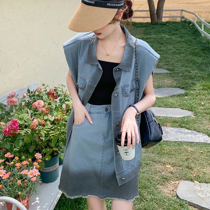 デニムセットアップ オーバーサイズデニムベストスカートセット