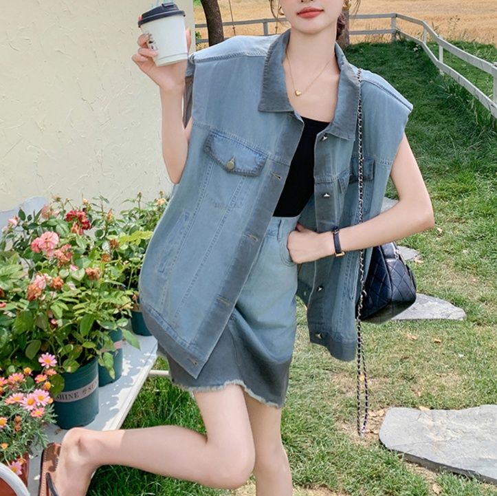 デニムセットアップ オーバーサイズデニムベストスカートセット