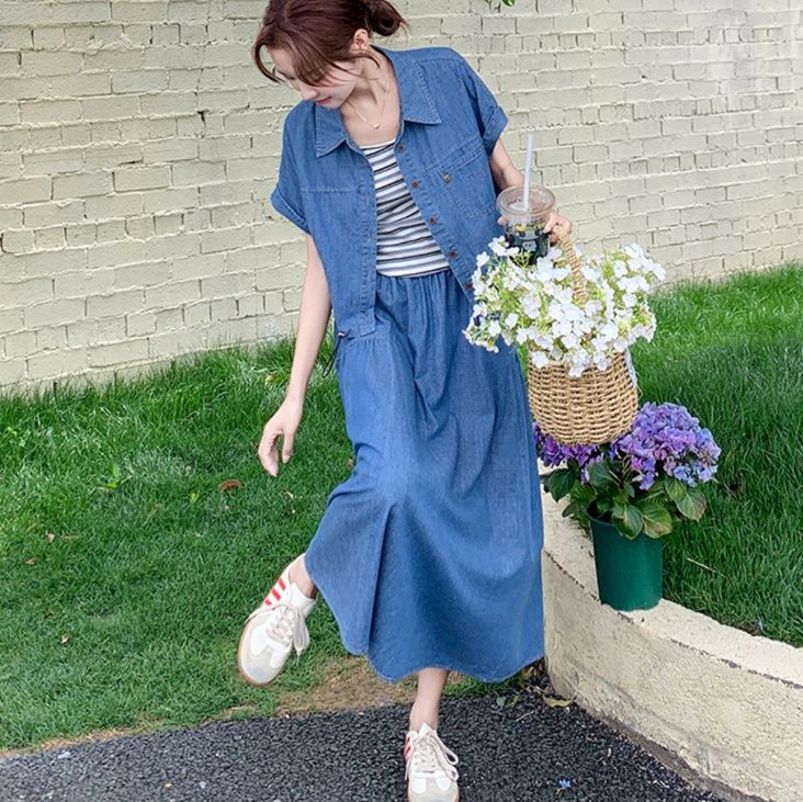 デニムセットアップ ナチュラル風ロングスカートセット