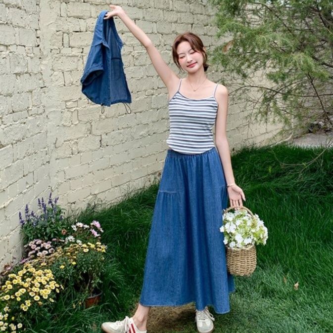 デニムセットアップ ナチュラル風ロングスカートセット