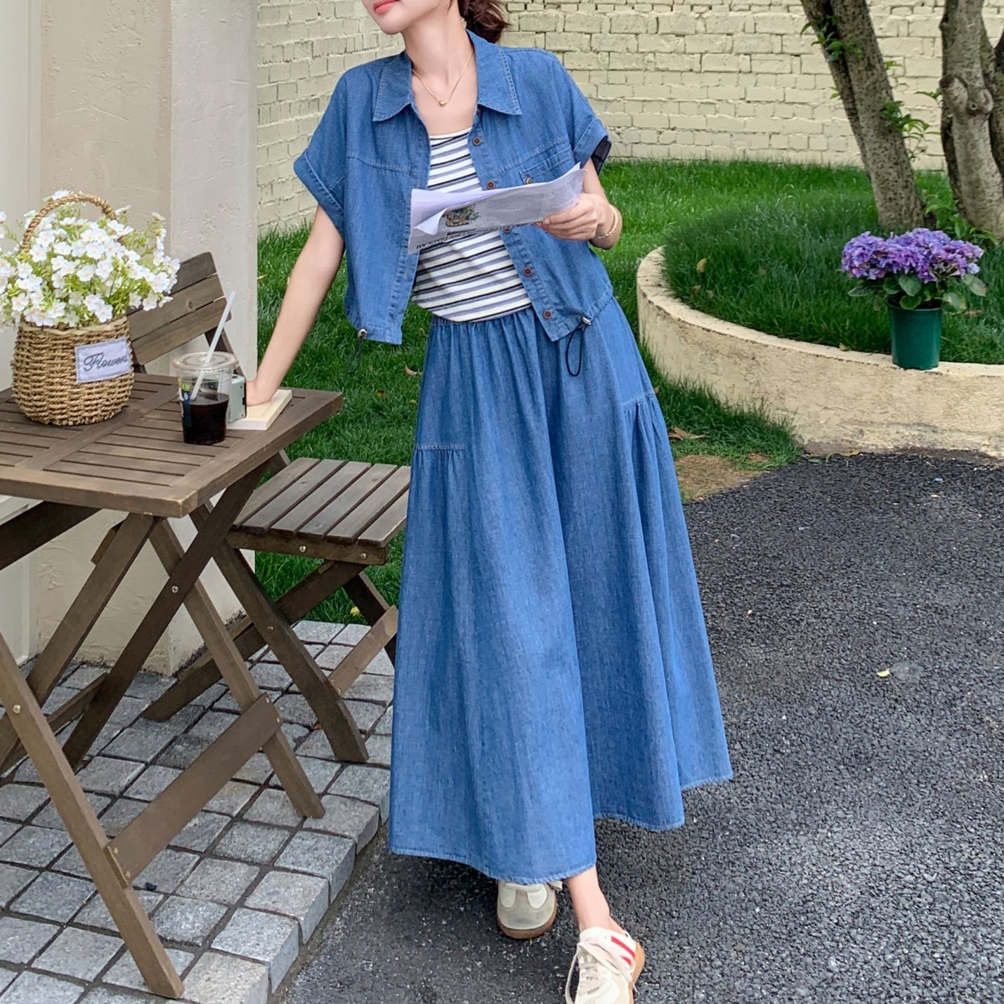 デニムセットアップ ナチュラル風ロングスカートセット