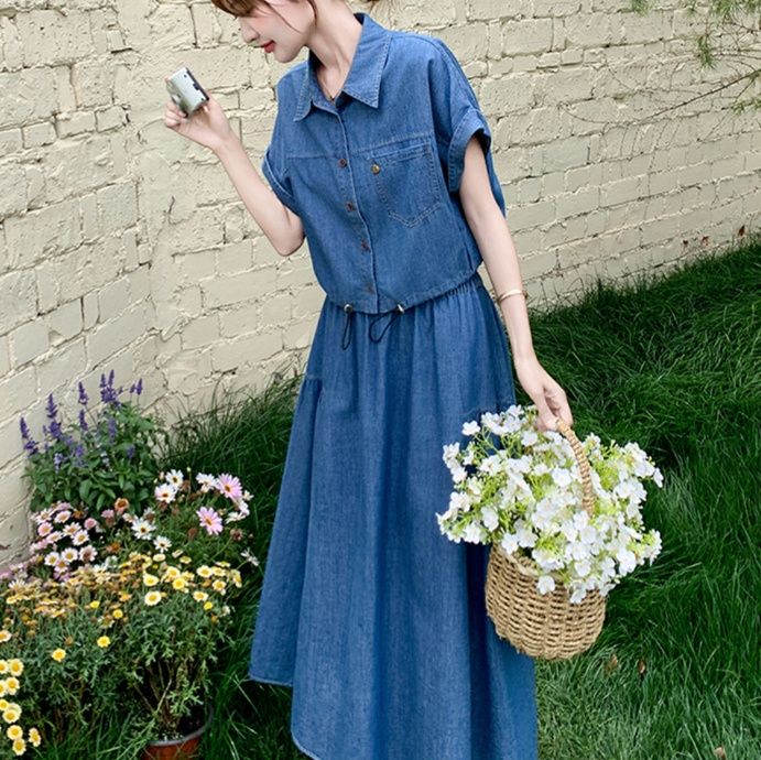 デニムセットアップ ナチュラル風ロングスカートセット