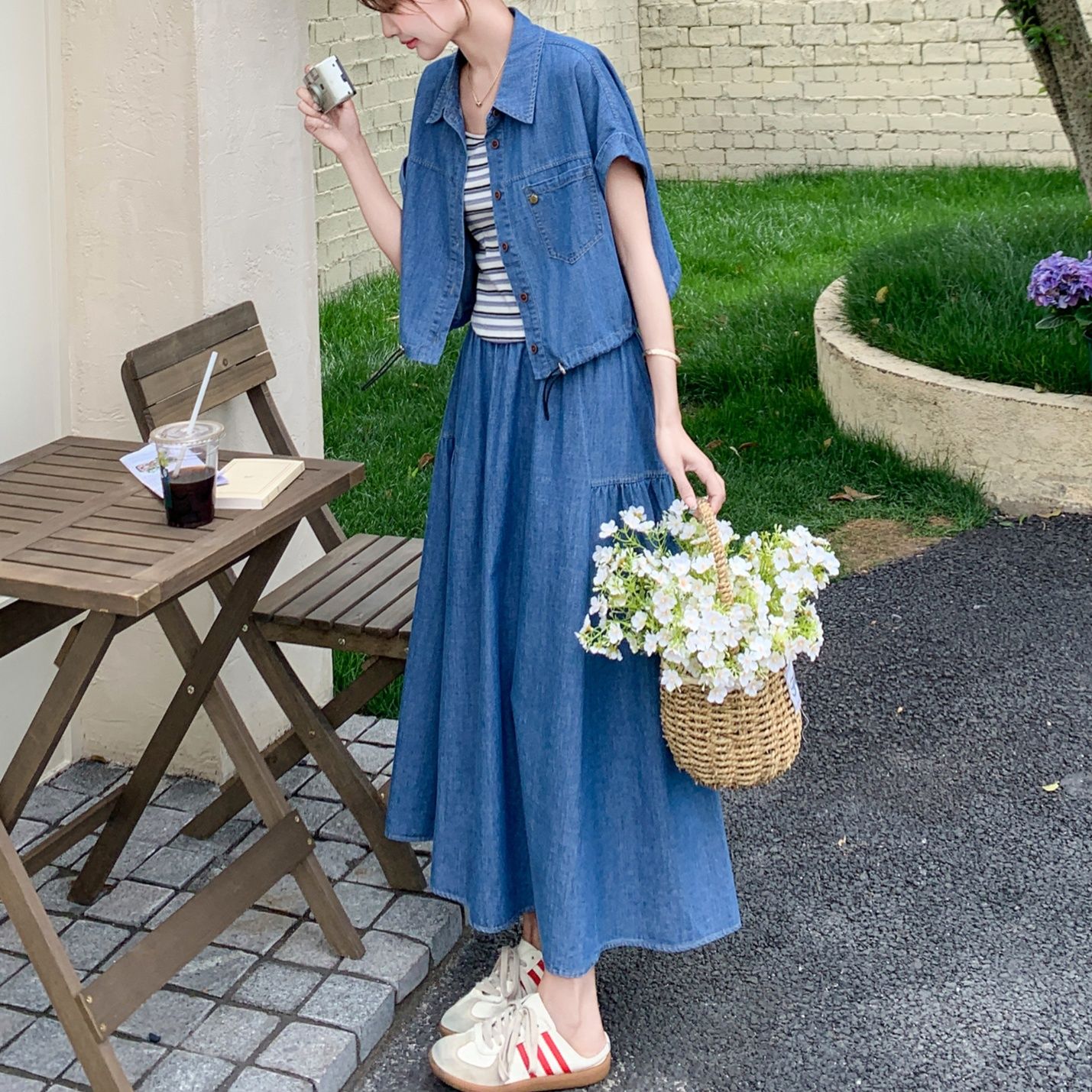 デニムセットアップ ナチュラル風ロングスカートセット