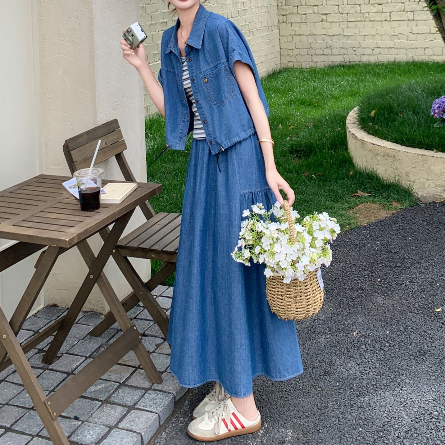 デニムセットアップ ナチュラル風ロングスカートセット