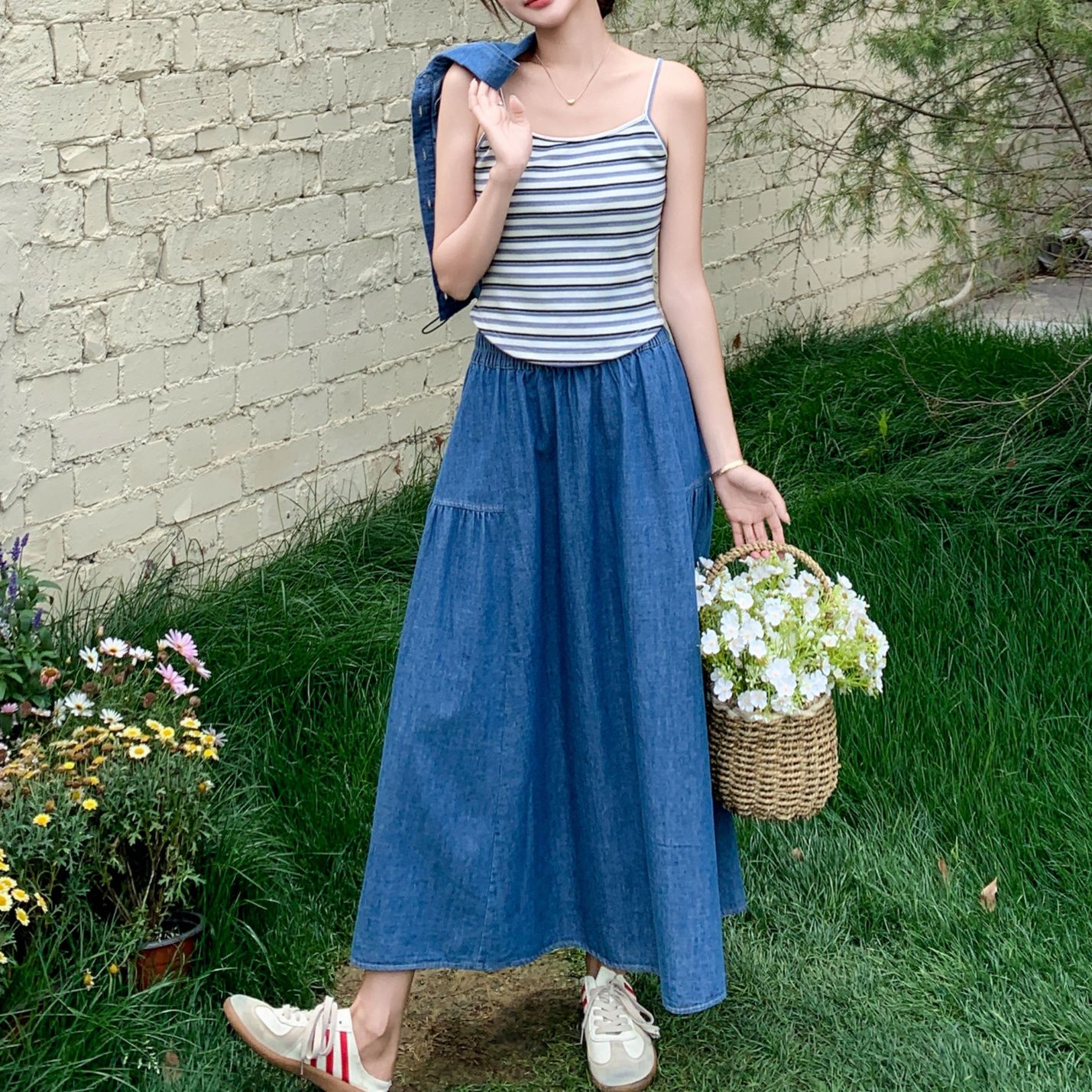 デニムセットアップ ナチュラル風ロングスカートセット