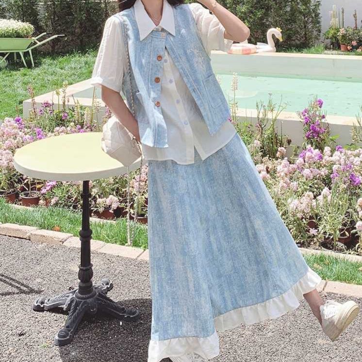 デニムセットアップ 爽やか裾フリルデニムセット