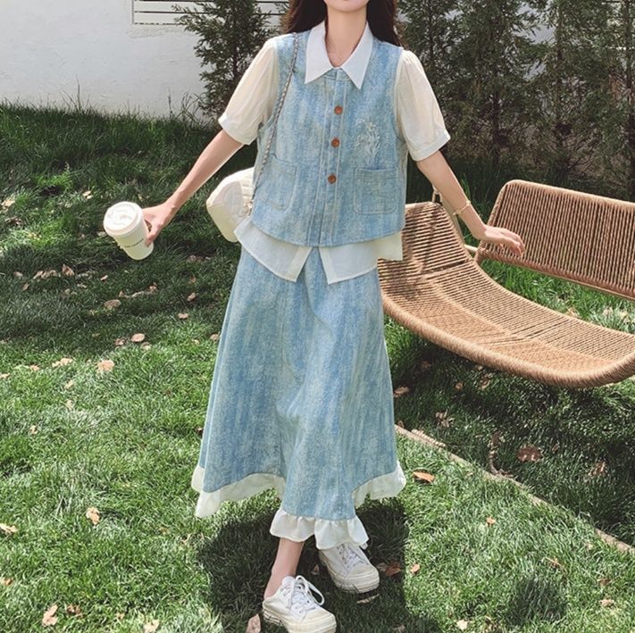 デニムセットアップ 爽やか裾フリルデニムセット