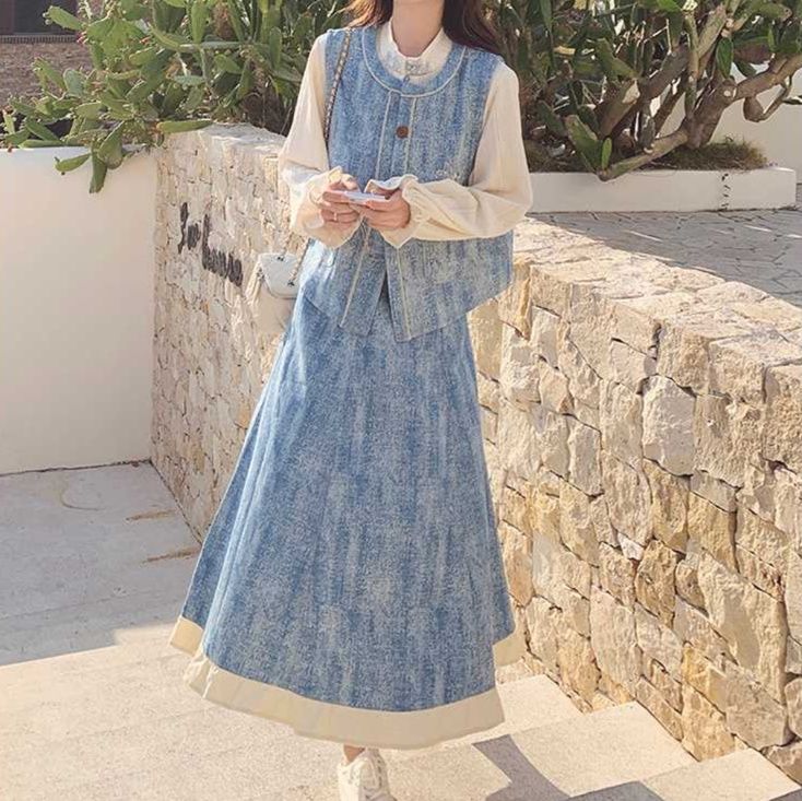 デニムセットアップ 優雅なフリルデニムスカートセット