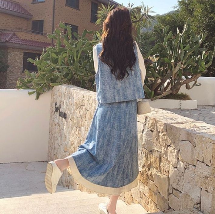 デニムセットアップ 優雅なフリルデニムスカートセット