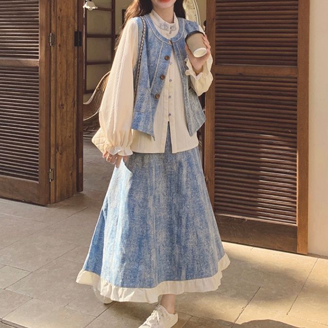 デニムセットアップ 優雅なフリルデニムスカートセット
