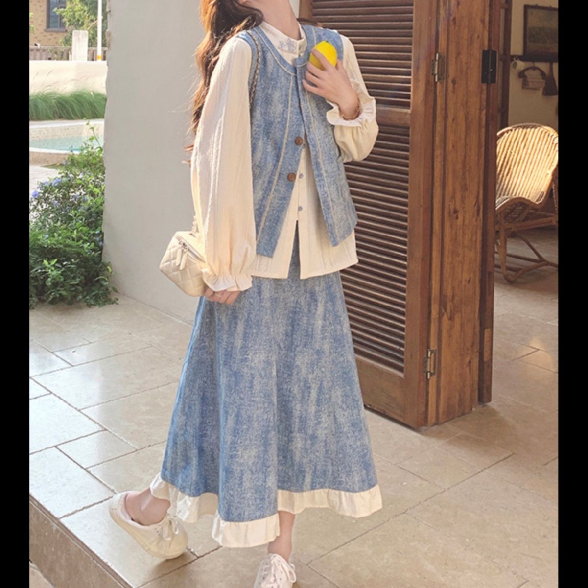 デニムセットアップ 優雅なフリルデニムスカートセット