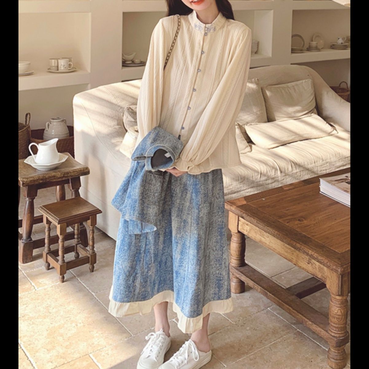 デニムセットアップ 優雅なフリルデニムスカートセット