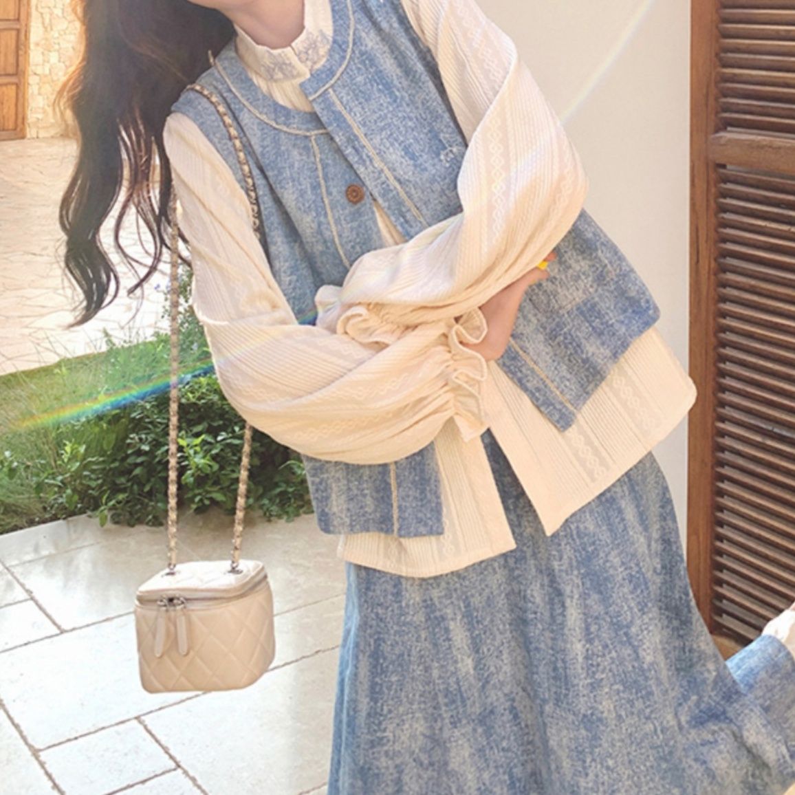 デニムセットアップ 優雅なフリルデニムスカートセット