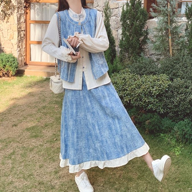 デニムセットアップ 優雅なフリルデニムスカートセット