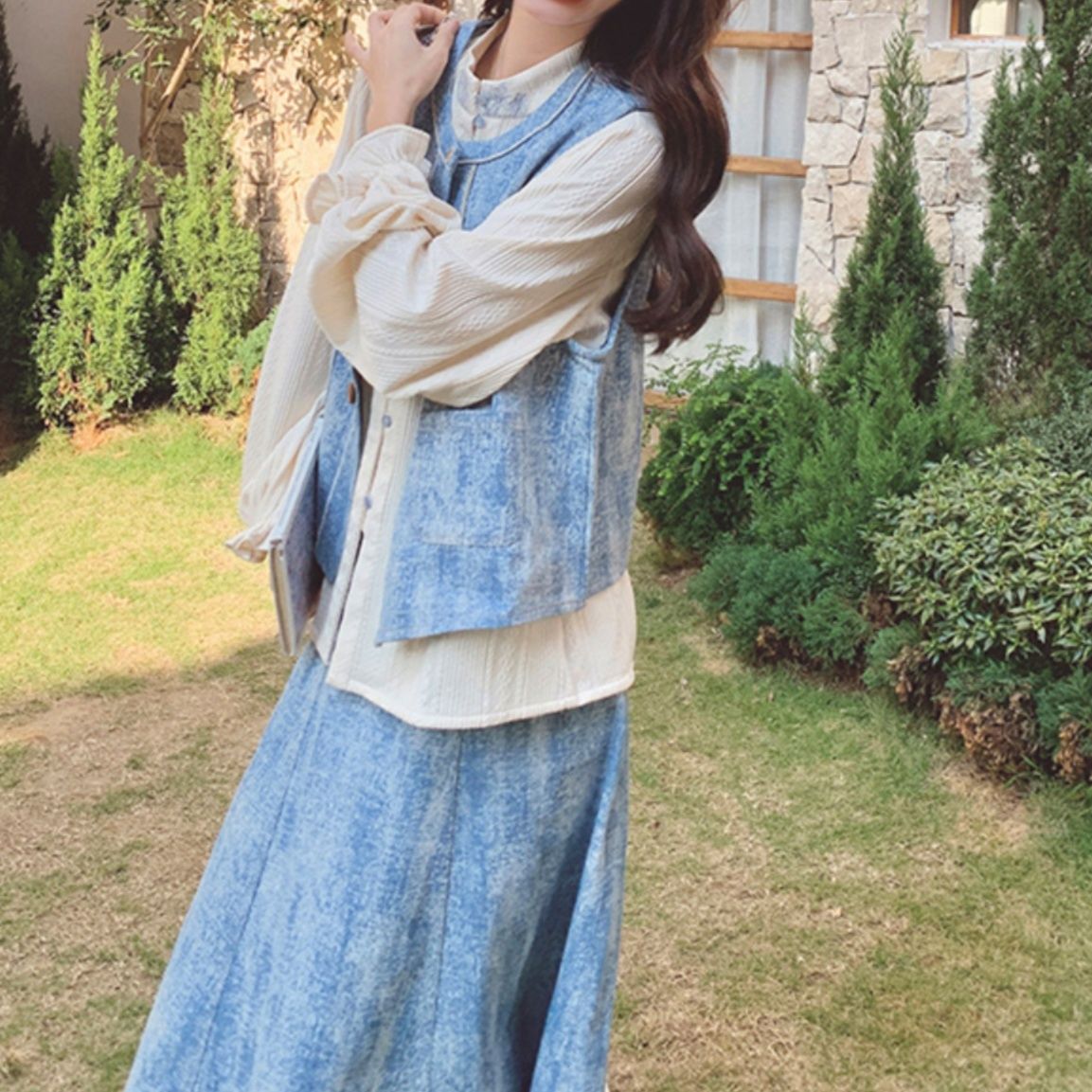 デニムセットアップ 優雅なフリルデニムスカートセット