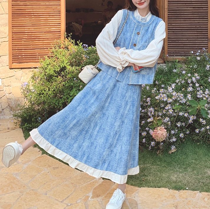 デニムセットアップ 優雅なフリルデニムスカートセット