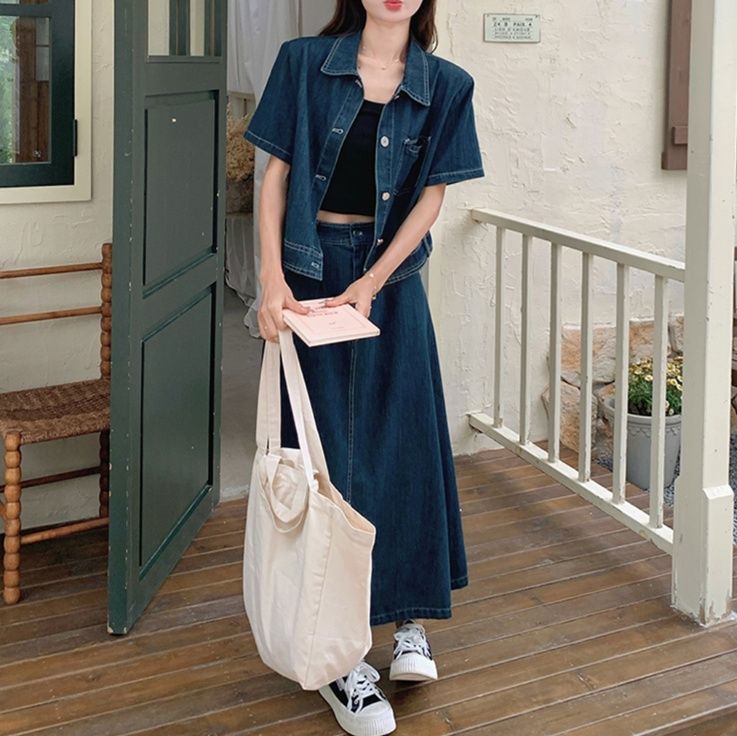 デニムセットアップ 半袖ゆったりデニムセットアップ