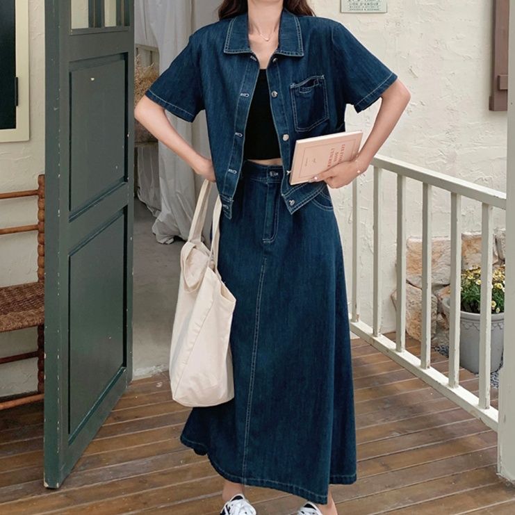 デニムセットアップ 半袖ゆったりデニムセットアップ