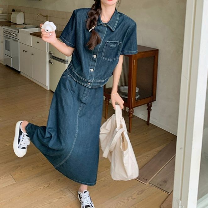 デニムセットアップ 半袖ゆったりデニムセットアップ