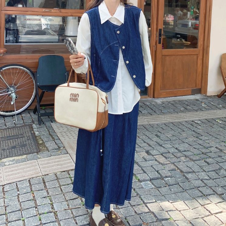 デニムセットアップ レトロベスト&ロングスカート