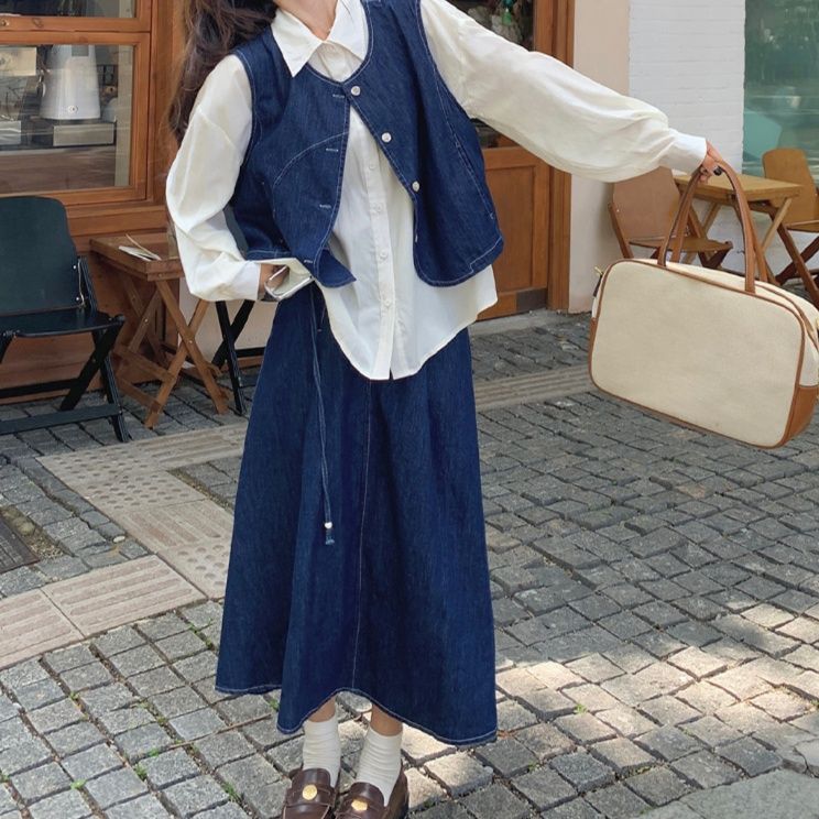 デニムセットアップ レトロベスト&ロングスカート