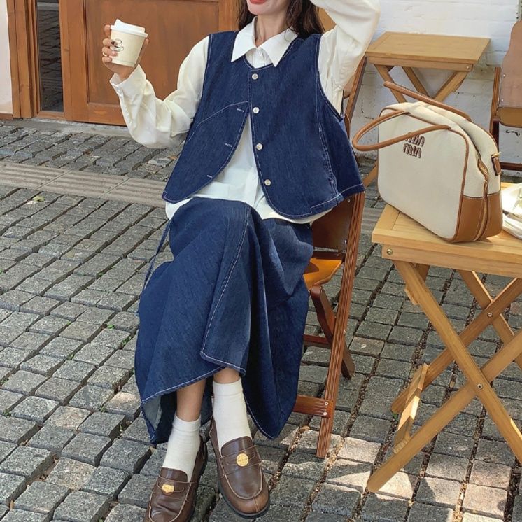 デニムセットアップ レトロベスト&ロングスカート