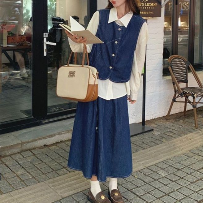 デニムセットアップ レトロベスト&ロングスカート