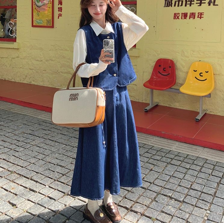 デニムセットアップ レトロベスト&ロングスカート