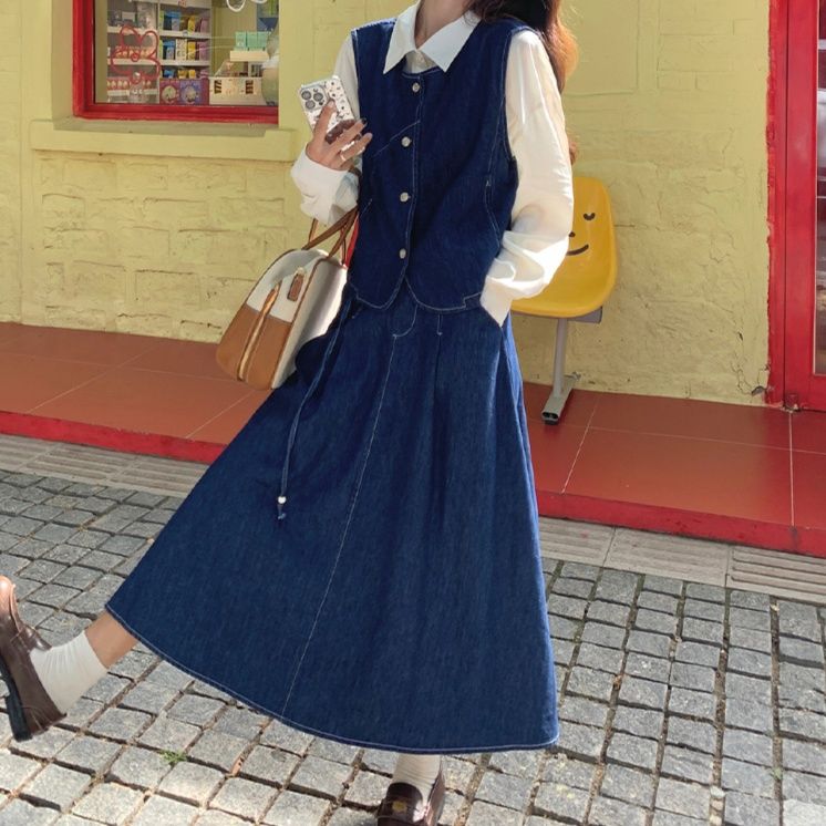 デニムセットアップ レトロベスト&ロングスカート
