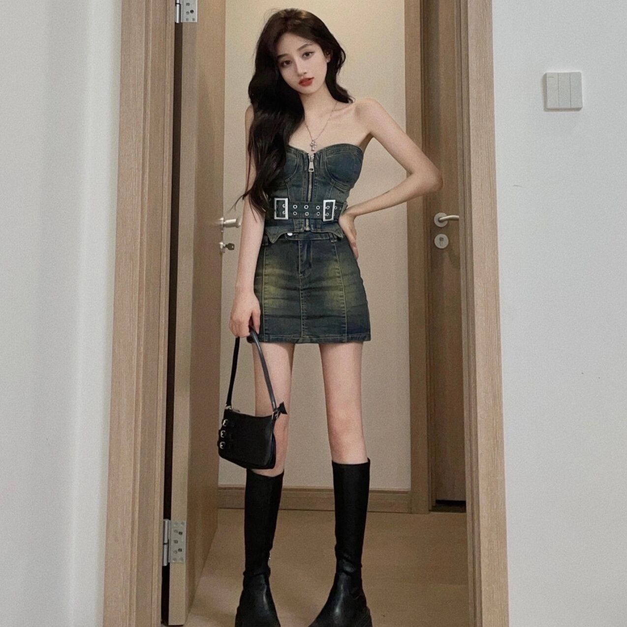 デニムセットアップ ハードベルト付きビスチェセット