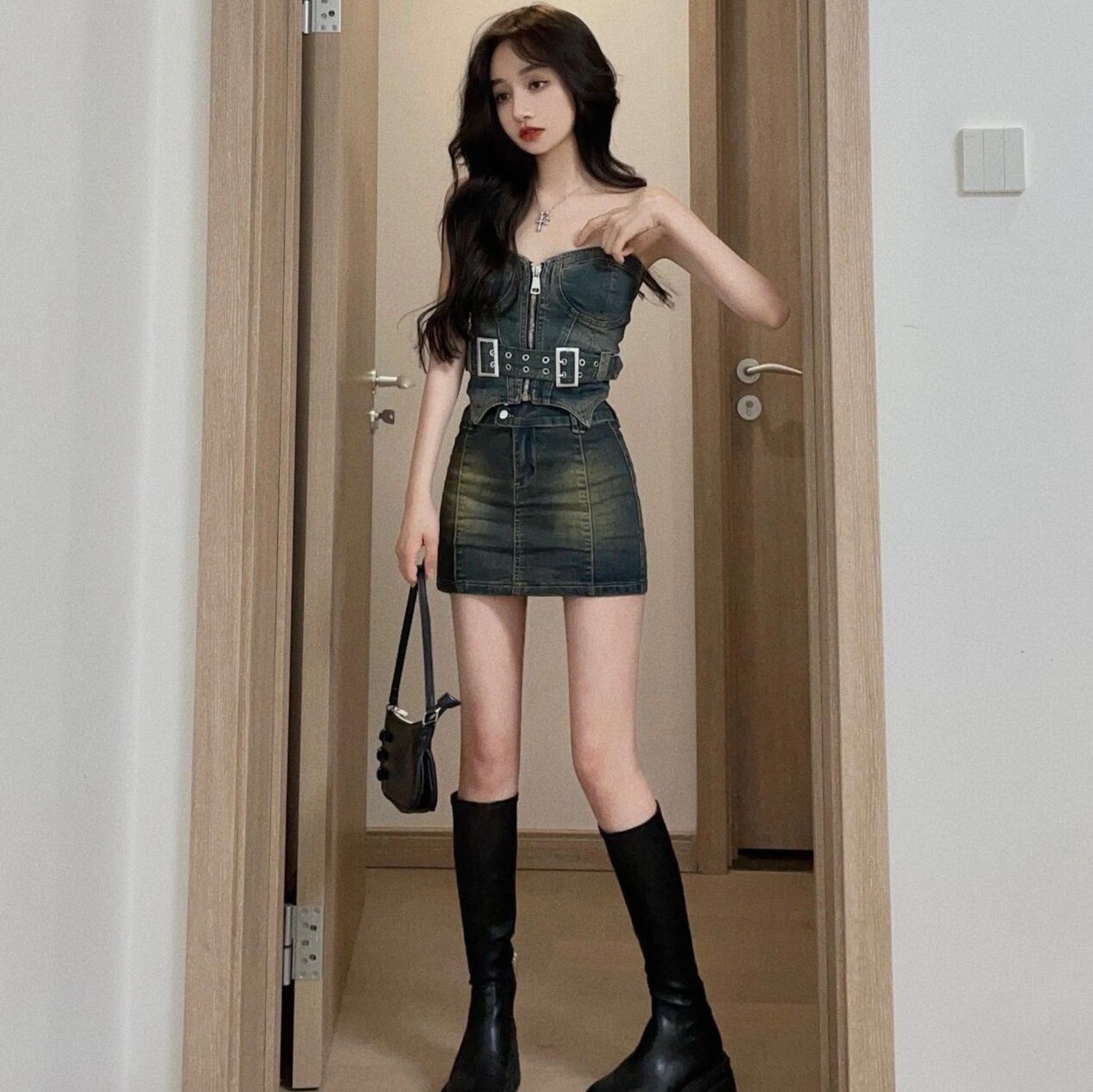 デニムセットアップ ハードベルト付きビスチェセット