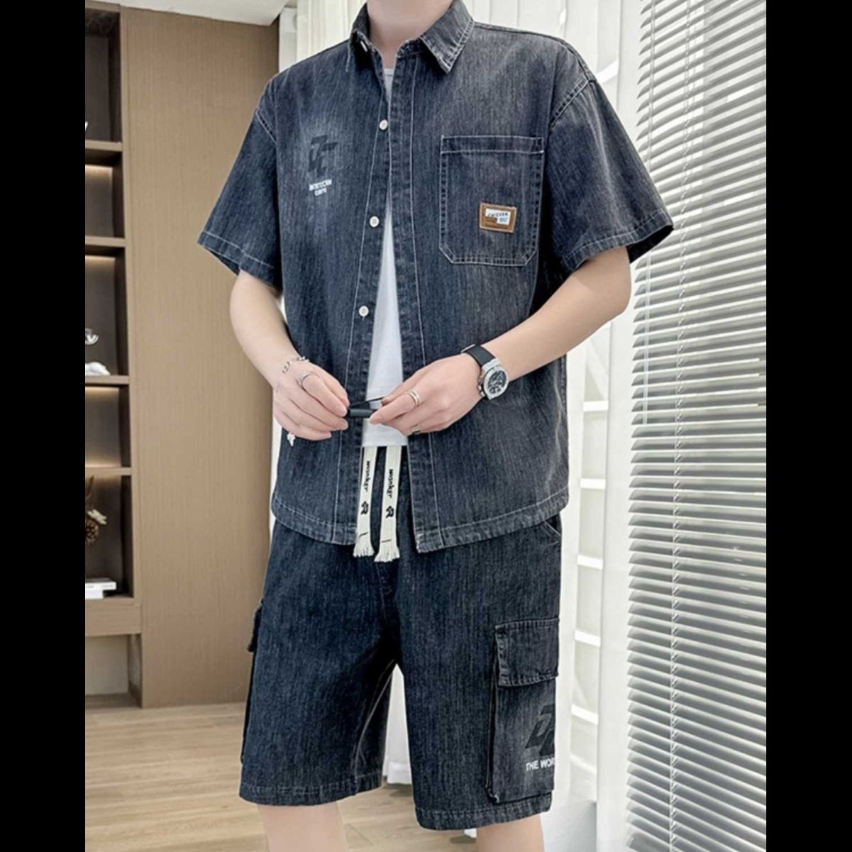 デニムセットアップ 半袖ワークカジュアル上下セット