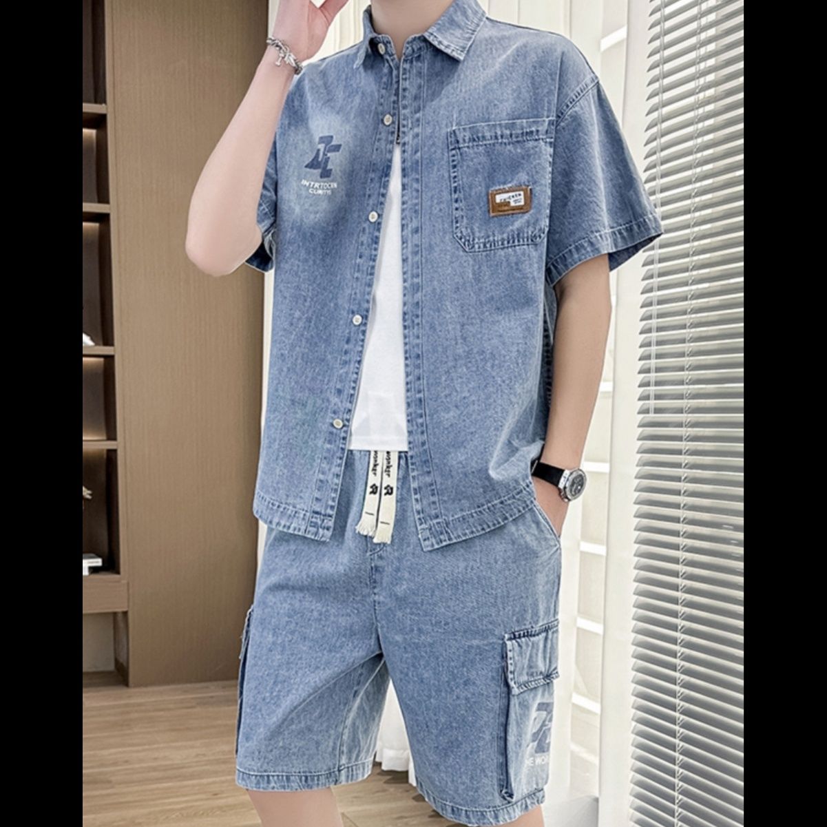 デニムセットアップ 半袖ワークカジュアル上下セット