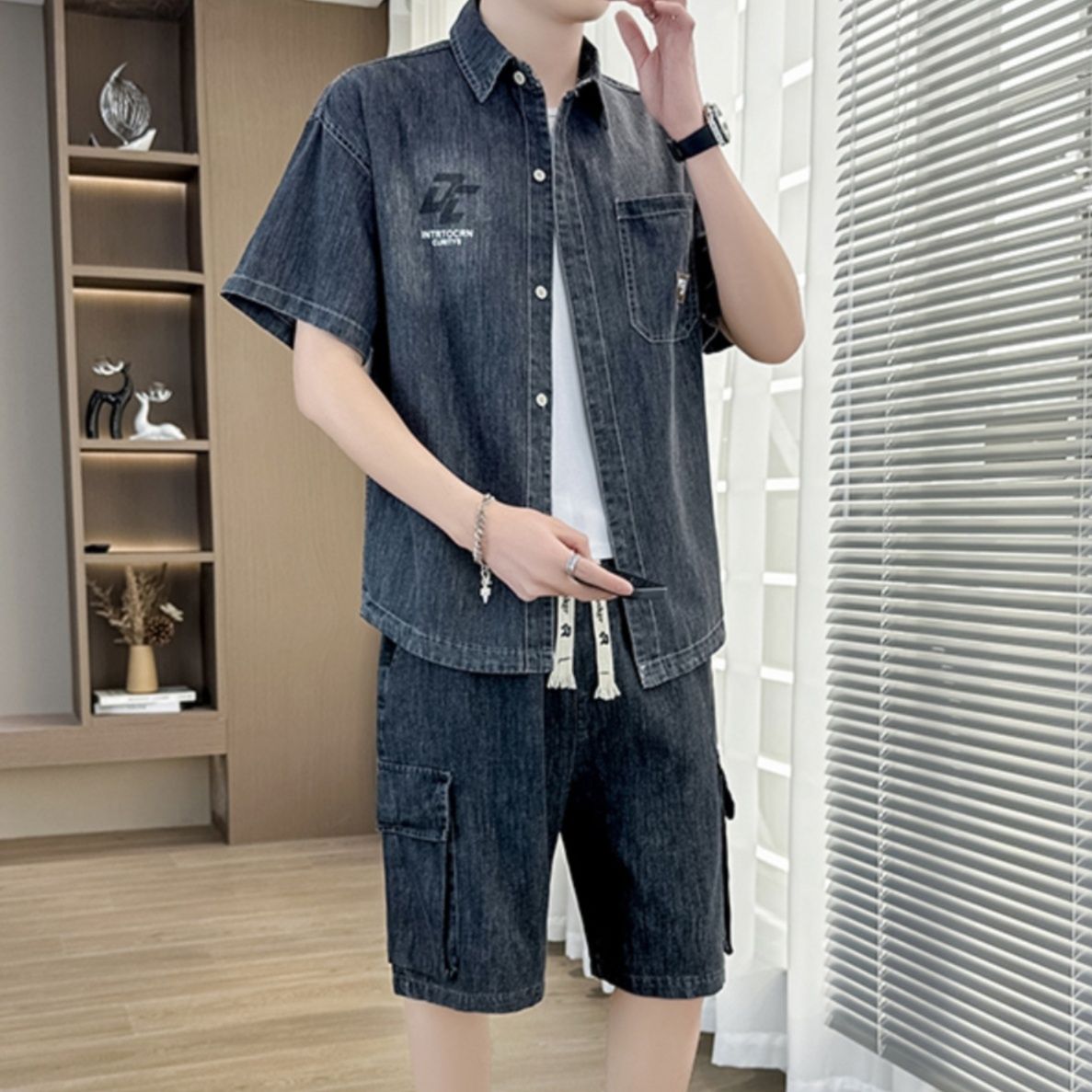 デニムセットアップ 半袖ワークカジュアル上下セット