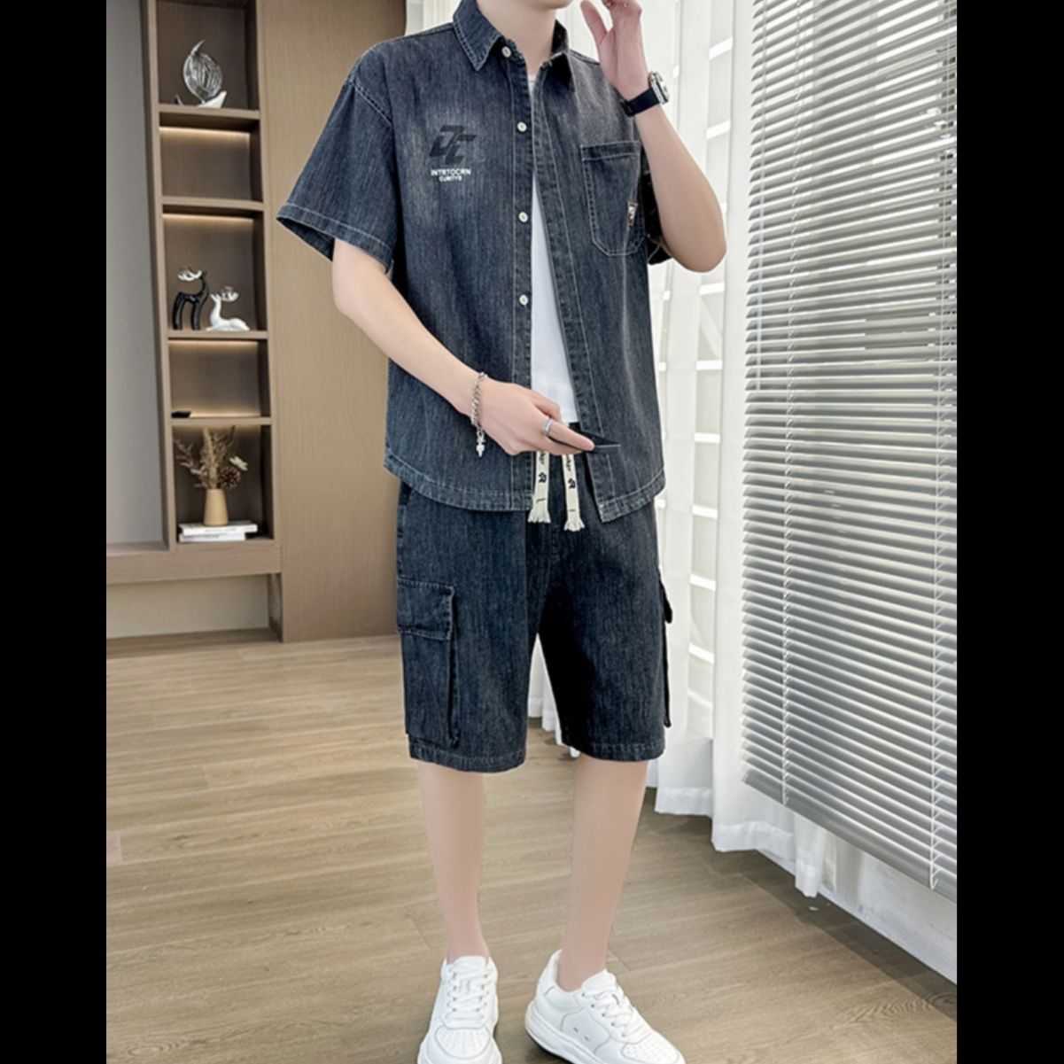 デニムセットアップ 半袖ワークカジュアル上下セット