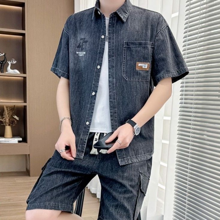 デニムセットアップ 半袖ワークカジュアル上下セット