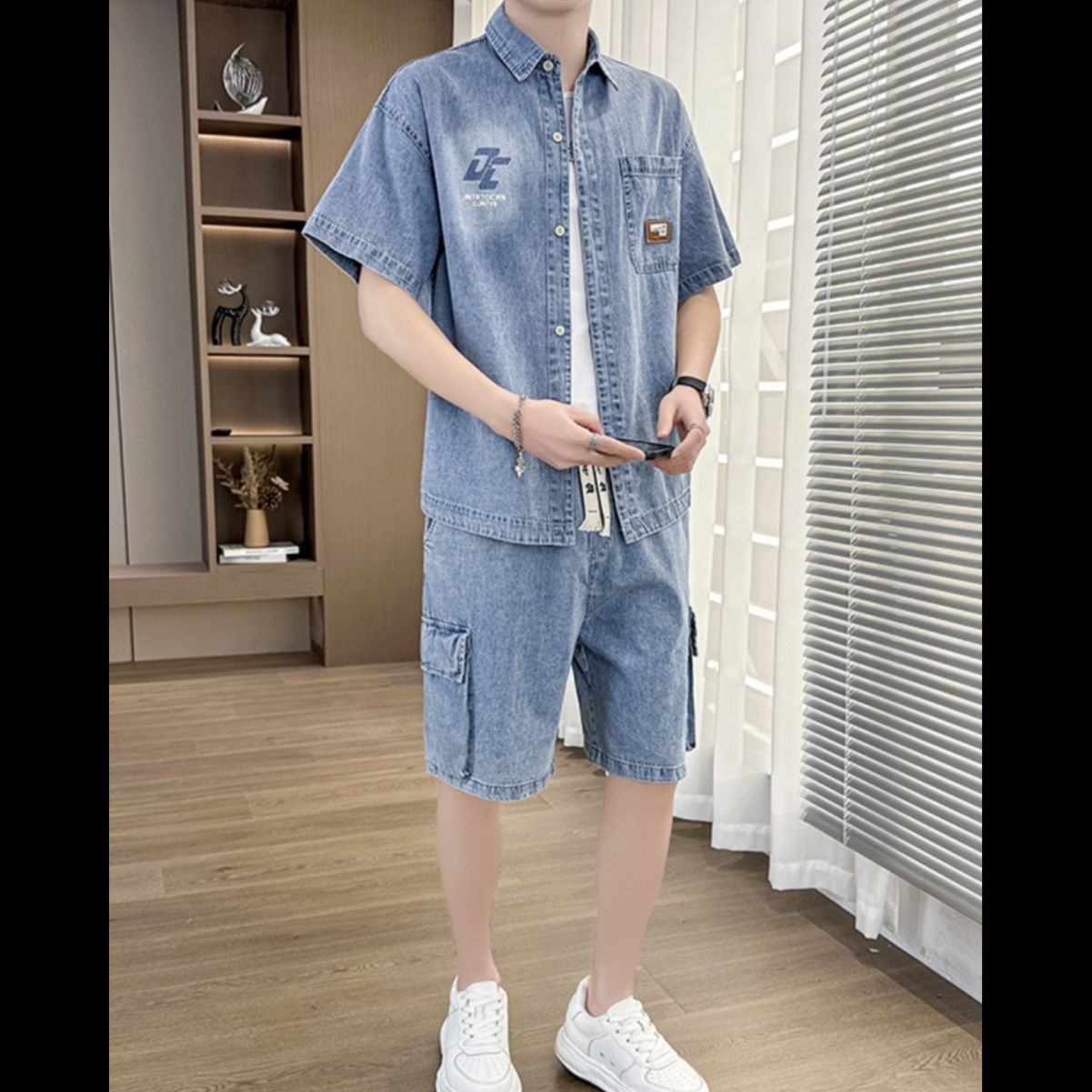 デニムセットアップ 半袖ワークカジュアル上下セット