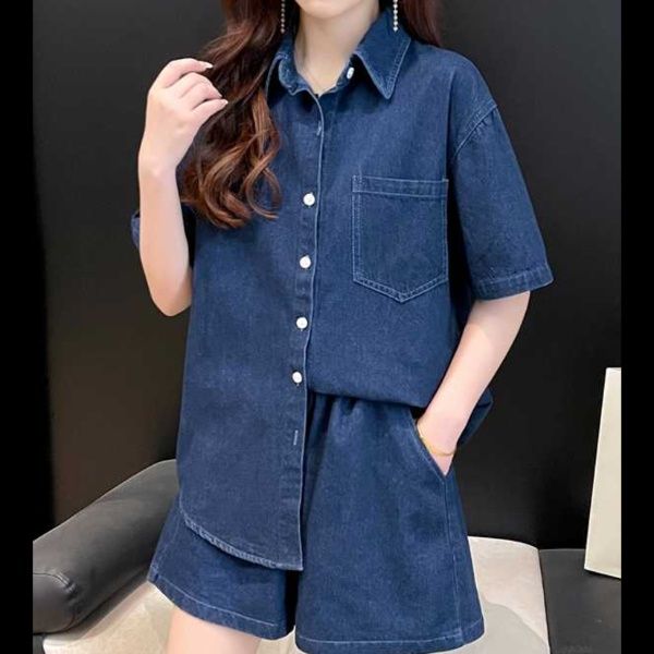 デニムセットアップ ゆったり五分袖デニムシャツセット