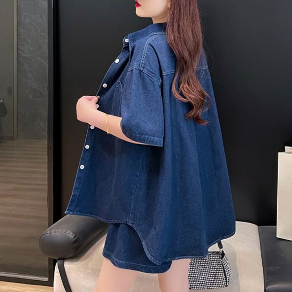 デニムセットアップ ゆったり五分袖デニムシャツセット