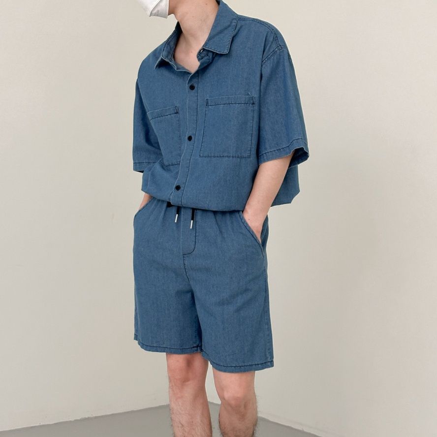 デニムセットアップ ゆったり半袖デニムセットアップ