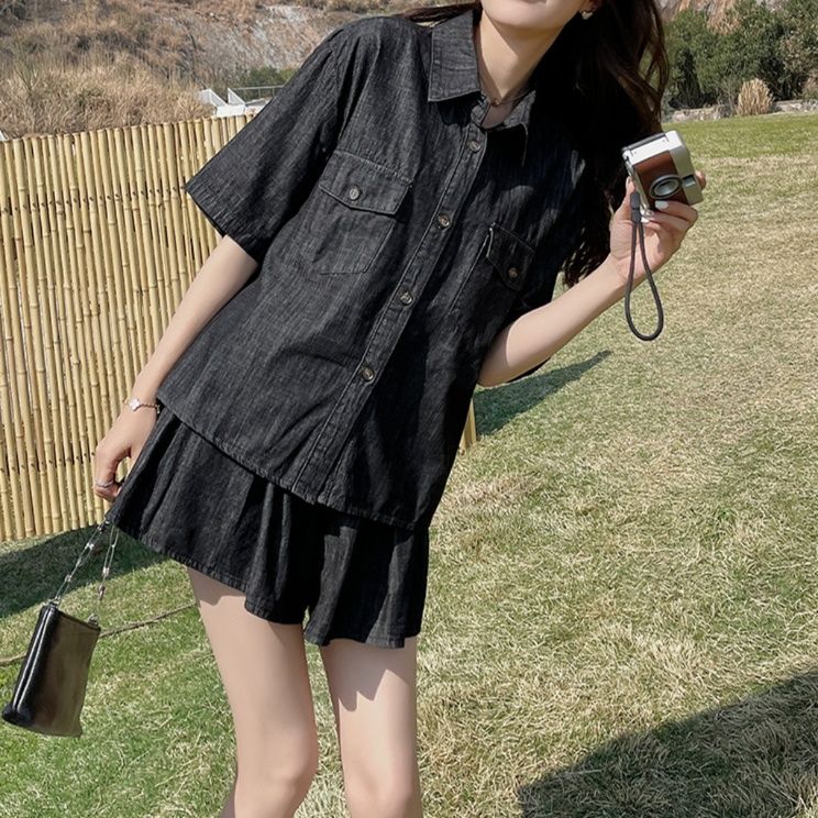デニムセットアップ 夏にぴったり 涼しげ半袖シャツ フレアミニスカートセット