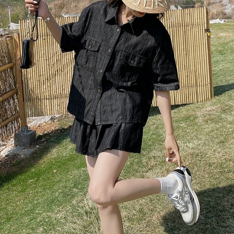 デニムセットアップ 夏にぴったり 涼しげ半袖シャツ フレアミニスカートセット