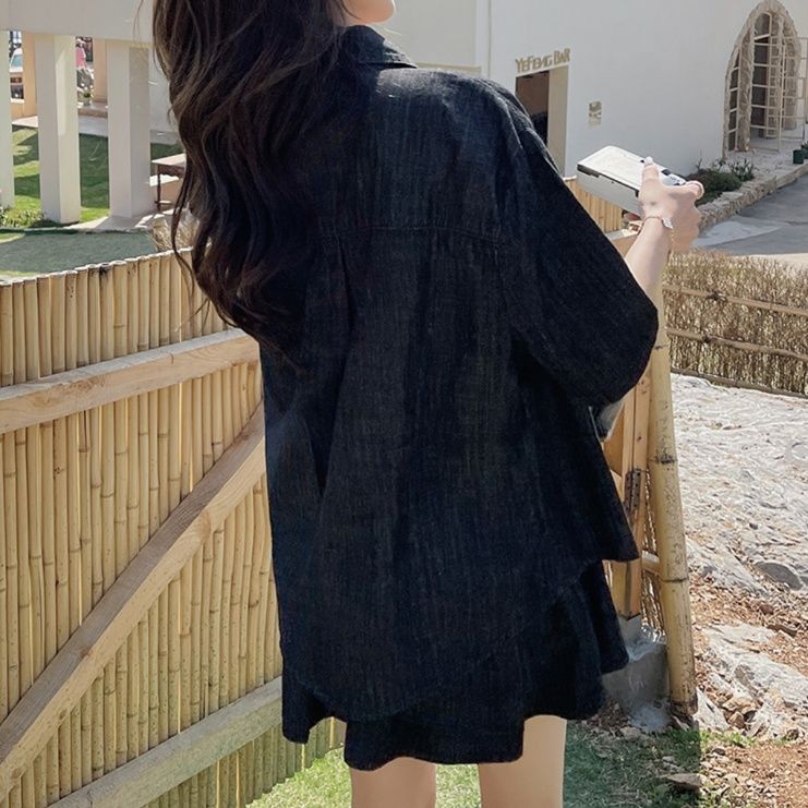 デニムセットアップ 夏にぴったり 涼しげ半袖シャツ フレアミニスカートセット