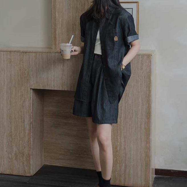 デニムセットアップ 刺繍入り半袖デニムセットアップ