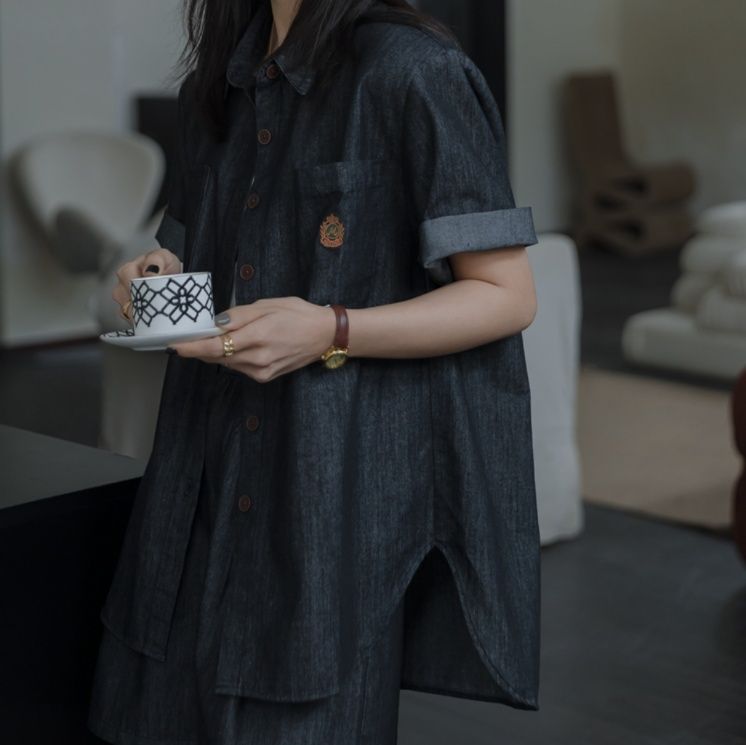 デニムセットアップ 刺繍入り半袖デニムセットアップ