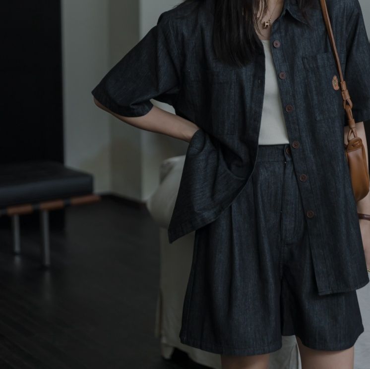 デニムセットアップ 刺繍入り半袖デニムセットアップ