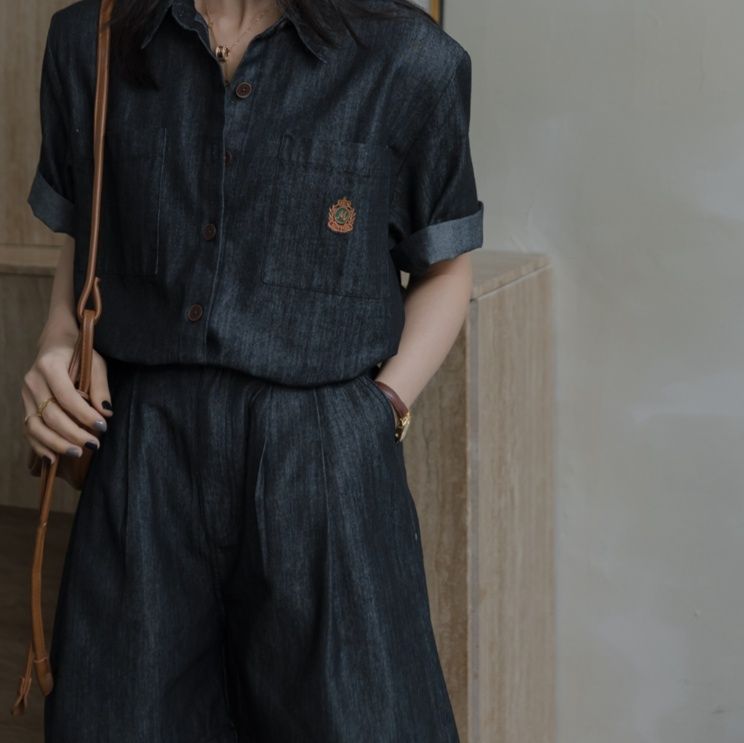 デニムセットアップ 刺繍入り半袖デニムセットアップ