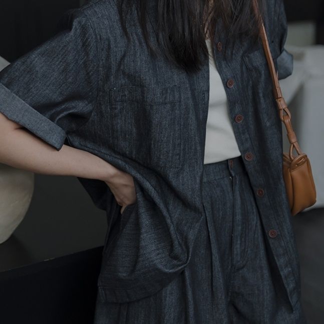 デニムセットアップ 刺繍入り半袖デニムセットアップ